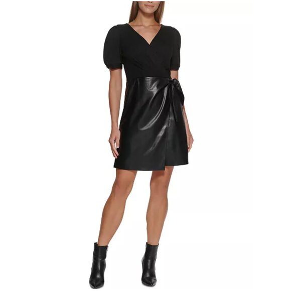 DKNY Faux PU Leather Short Puff Sleeves Mock Wrap Mini Dress US 2 - Picture 8 of 13